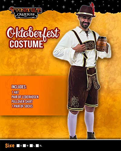 Spooktacular Creations Halloween Men’s Oktoberfest Costume Set, Lederhosen Men with German Bavarian Hat, Beer Costume, Adults Halloween Costumes Brown Outfit for Beer Festival Party (Large)