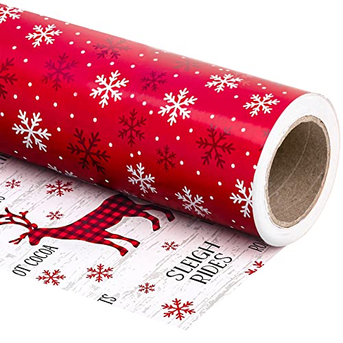 WRAPAHOLIC Reversible Christmas Wrapping Paper - Mini Roll - 17 Inch X 33 Feet - Red White Snowflakes and Reindeer Design for Holiday, Party, Celebration