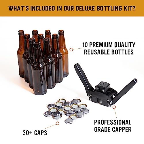 Deluxe Bottling Kit – Craft a Brew Homebrew Bottler Equipment – Home Brewing Easy Bottling Set – 10 Empty 12oz. Amber Glass Bottles – 30+ Caps – 1 Capper…