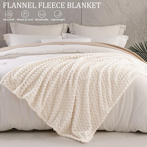 Exclusivo Mezcla Extra Large Soft Fleece Throw Blanket, 50x70 Inches 3D Clouds Stylish Jacquard Throw Blanket for Couch, Cozy Soft Lightweight for All Season, Ivory Blanket