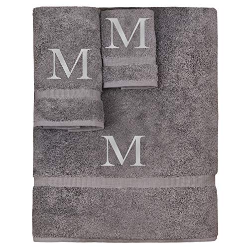 Monogrammed Towel Set, Personalized Gift, Set of 3- Silver Block Letter Embroidered Towel - Extra Absorbent 100% Turkish Cotton - Soft Terry Finish - Initial M Gray