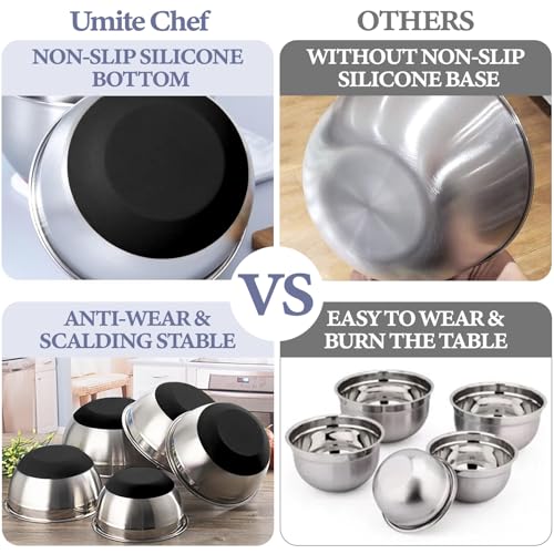 Umite Chef Mixing Bowls with Airtight Lids, 8PCS Stainless Steel Nesting Mixing Bowls Set, 3 Grater Attachments & Non-Slip Bottoms, Black Kitchen Bowls, Size 5, 4, 3.5, 2, 1.5QT for Baking & Serving