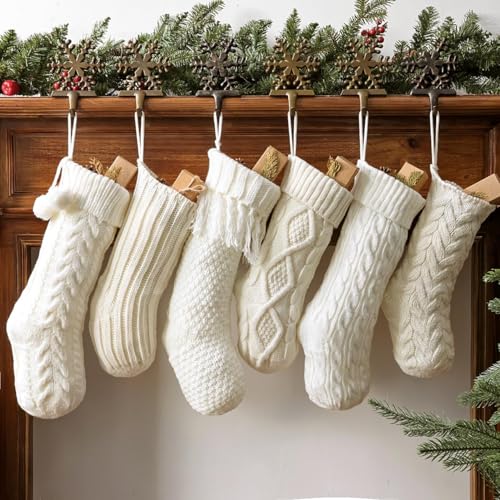 Christmas Stockings: 6 Pack Cream & White Cable Knit Patterns Fireplace Stockings, Rustic Hanging Xmas Stockings Farmhouse Boho Beige Knitted Stocking Decorations for Family Holiday Decor