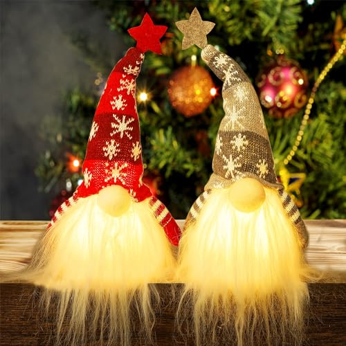 Juegoal 11" Lighted Christmas Gnome Santa, Light Up Elf Holiday Present, Battery Operated Winter Tabletop Christmas Decorations, 2 Set