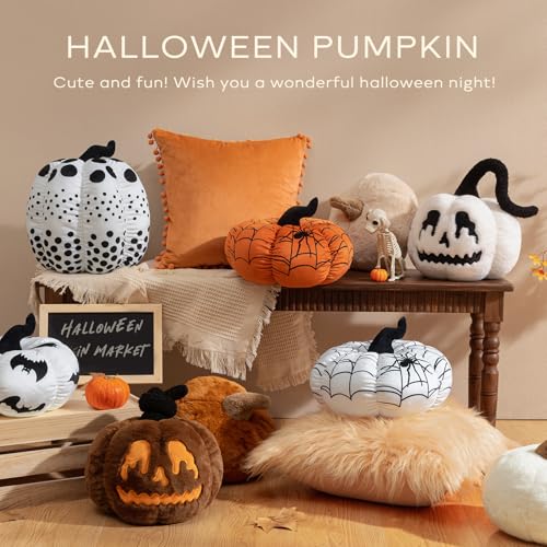 Ashler Halloween Pumpkin Pillows, Ghost Pumpkin Throw Pillows, Halloween Decorative 3D Pumpkin Shaped Faux Rabbit Fur Pillow, Ultra Soft Fluffy Jack-O-Lantern Pumpkin Cushion, White, 9 x 11 inches