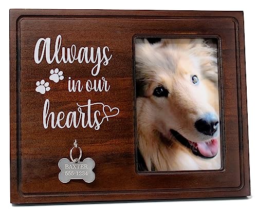 Memory Grove Pet Memorial Picture Frame - 4 x 6 Dog Photo Keepsake with ID Tag Display - Wood Frame with Metal Stand and Photo Storage - Rainbow Bridge Pet Memorial Gifts for Loss of Dog or Cat