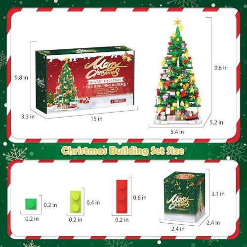 Advent Calendar 2024 Christmas Tree Building Toy Set with LED light, 1102 Pieces Christmas Countdown Calendar, 24 Days Building Block for Kids Adult Creative Gifts for Adults Teens Girls Ages 8+