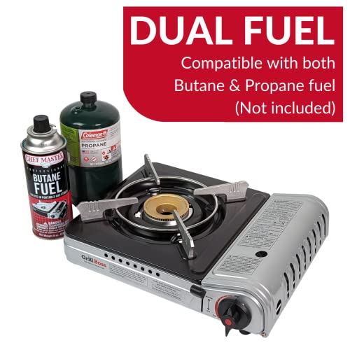 Dual Fuel Portable Stove, Butane & Propane Portable Camping Stove, 12K BTU Camp Stove, Dual Fuel Butane and Propane Stove for Emergency, Outdoor Cooking, Hiking, Backpacking Stove by Grill Boss 90057