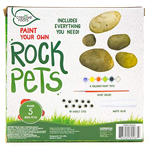 Creative Roots Paint Your Own Rock Pets by Horizon Group USA, 6 Colors, Paint Brush, Wiggly Eyes and Glue Included, Multicolor