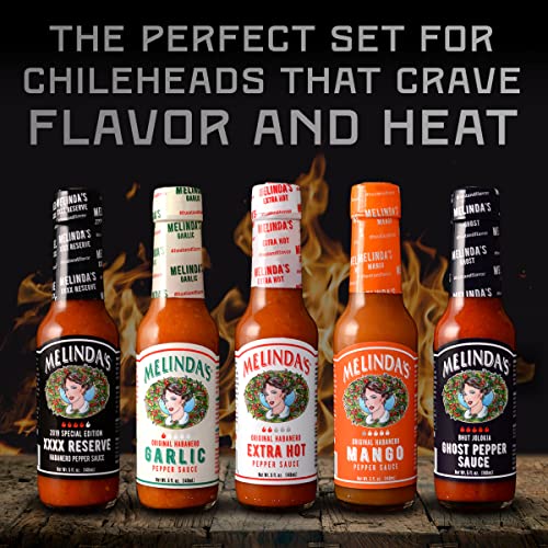 Melinda’s Hot Sauce Variety Pack - Extra Spicy Gourmet Hot Sauce Gift Set with Variety of Heat Levels - Includes XXXXtra Reserve, Garlic Habanero, Extra Hot, Mango, Ghost Pepper- 5 oz, 5 Pack