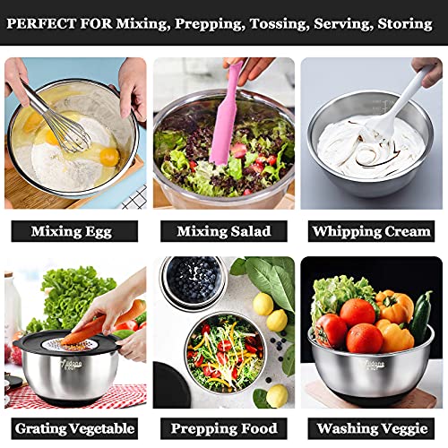 Wildone Mixing Bowls with Airtight Lids, 22 PCS Stainless Steel Nesting Bowls, with 3 Grater Attachments, Scale Marks & Non-Slip Bottom, Size 5, 4, 3, 2,1.5, 0.63QT, Ideal for Mixing & Prepping