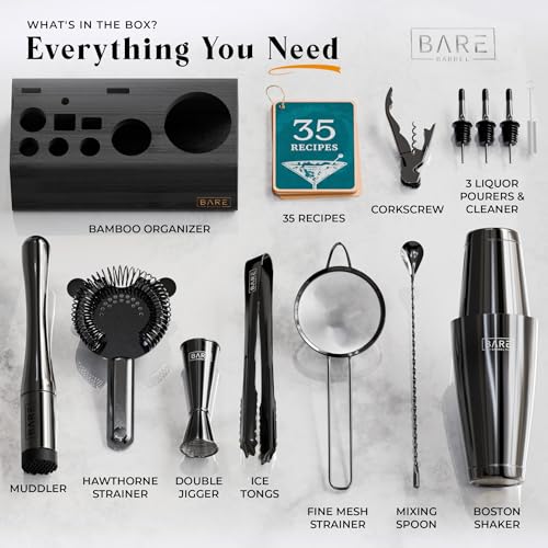 BARE BARREL® Mixology Bartender Kit Bar Set | 14-Piece Cocktail Shaker Set | Martini Barware Mixing Tools for Home Bartending | Incl. 35 Recipe Cards | Gift Set (28oz Boston Shaker, Jet Black/Black)