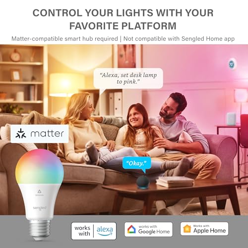 Sengled LED Smart Light Bulb (A19), Matter-Enabled, Multicolor, Works with Alexa, 60W Equivalent, 800LM, Instant Pairing, 2.4 GHz, Wi-Fi, 1-Pack