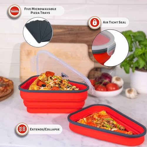 The Perfect Pizza Pack™ - Reusable Pizza Storage Container with 5 Microwavable Serving Trays - BPA-Free Adjustable Pizza Slice Container to Organize & Save Space, Red