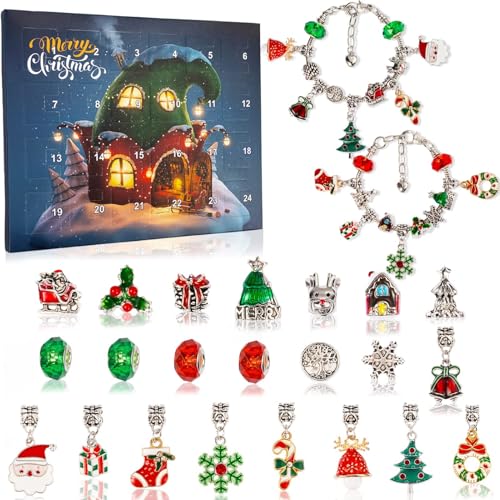 Christmas Advent Calendar Bracelets 2024 for Girls 24 Days Xmas Countdown Calendar DIY Jewelry Making Kit Gift 22 Charm Beads 2 Bracelets for Kids Teens Women