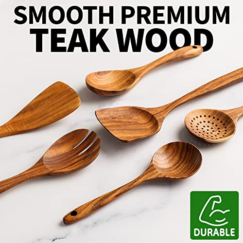 Zulay Kitchen 6-Piece Wooden Spoons for Cooking - Smooth Finish Teak Wooden Utensils for Cooking - Soft Comfort-Grip Wood Spoons for Cooking - Non-Stick Wooden Cooking Utensils - Wooden Spoon Sets