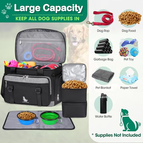 IGOLUMON Dog Travel Bag Large Pet Travel Bags Set for Supplies Weekend Dog Travel Kit Tote Organizer Multi-Pockets Dog Food Travel Bag with 2 Extra Large Food Containers, 2 Dog Bowls, 1 Feeding Mat