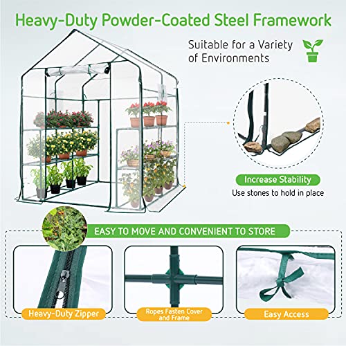 VIVOSUN 57x57x77-Inch Transparent Mini Walk-in Green House with Window and Anchor, Plant Garden Hot House 2 Tiers 8 Shelves, 4.7 x 4.7 x 6.4 FT