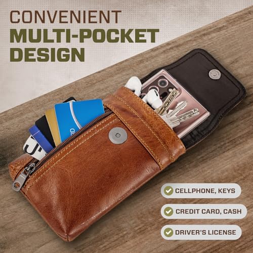 Hengwin Phone Holster Case with Belt Clip, Genuine Leather Belt Pouch Belt Case Cell Phone Holder Fit for iPhone 15 Plus 14 Pro Max 11 Pro Max Xs Max 7 Plus 8 Plus (Fit Cellphone with Case On) (Brown)