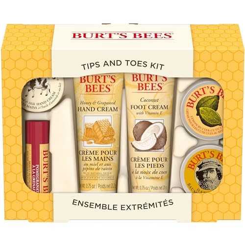 Burt's Bees Christmas Gifts, 6 Skincare Stocking Stuffers Products, Tips & Toes Set - Pomegranate Lip Balm, Almond Milk & Honey Hand Creams, Coconut Foot Cream, Lemon Butter Cuticle Cream & Hand Salve