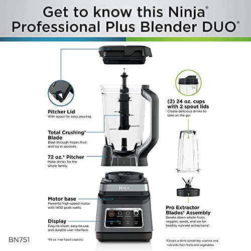 Ninja BN751 Professional Plus DUO Blender, 1400 Peak Watts, 3 Auto-IQ Programs for Smoothies, Frozen Drinks & Nutrient Extractions, 72-oz. Total Crushing Pitcher & (2) 24 oz. To-Go Cups, Black