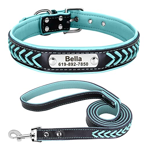 Didog 4 Feet Braided Custom Leather Dog Collar and Leash Set, Soft Padded Leather Dog Collars Personalized for Small Medium Large Dogs, Blue Set, S