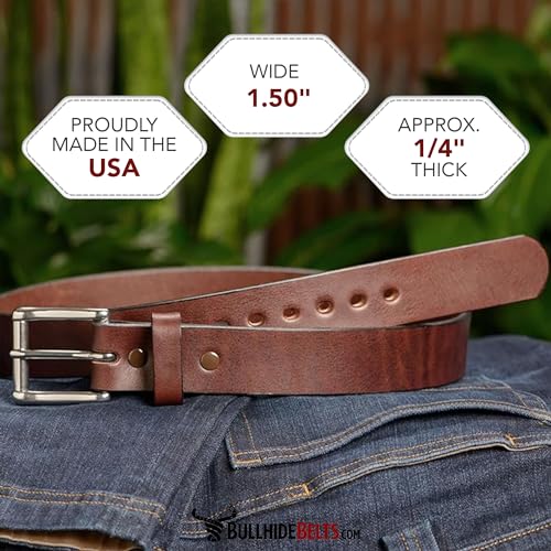 Bullhide Belts Mens Leather Belt for Casual, Dress, 1.50" Wide, Brown, 38"