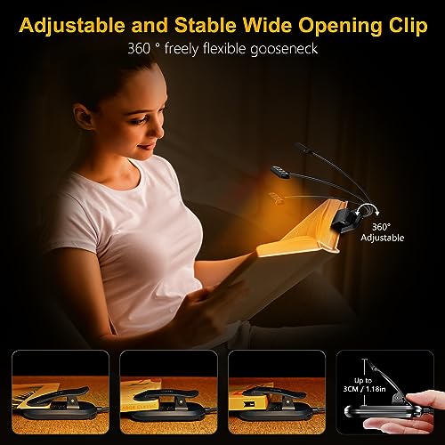 Gritin Rechargeable Book Light for Reading in Bed with 19 LED &Memory Function-Eye Caring 3 Color Temperatures,5 Brightness Levels,80 Hrs Runtime Flexible Goose Neck Clip on Book Light for Book Lovers