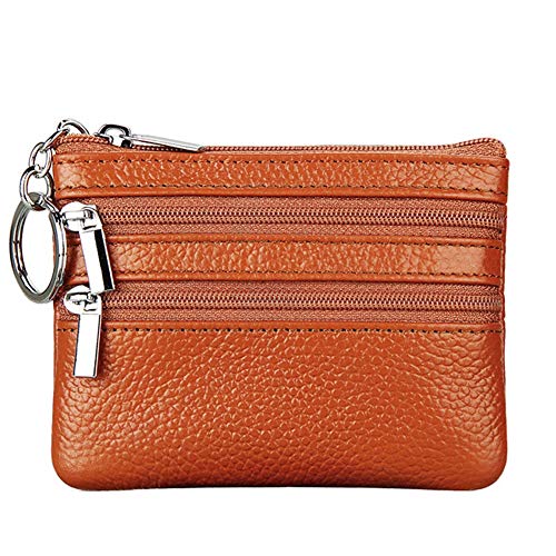 Women's Genuine Leather Coin Purse Mini Pouch Change Wallet with Keychain,brown