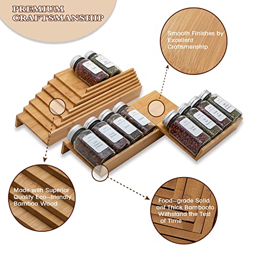 Angimio Bamboo Spice Rack Drawer Organizer - 8 Pieces Set- 7" Wide Per Piece - Combine Pieces Into 14" Wide Rack (7" or 14")