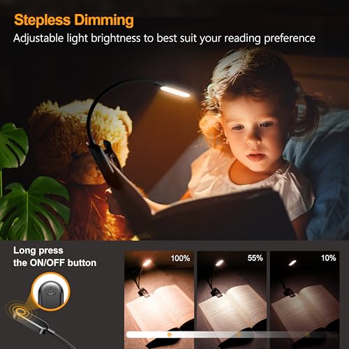 Gritin 16 LED Rechargeable Book Light for Reading in Bed- Eye Caring 3 Color Temperatures, Stepless Dimming Brightness, 80 Hrs Runtime, Lightweight Flexible Clip on Book Light for Book Lovers