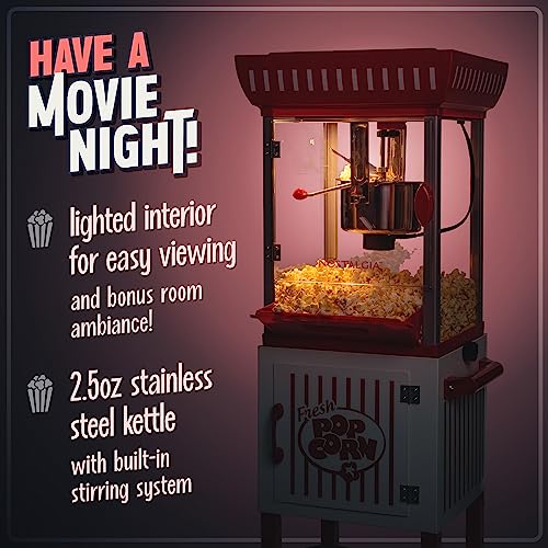 Nostalgia Popcorn Maker Machine - Professional Cart With 2.5 Oz Kettle Makes Up to 10 Cups - Vintage Popcorn Machine Movie Theater Style - Red & White