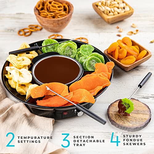 Kusini Electric Fondue Pot Set - Chocolate Fondue Kit - Temperature Control, Detachable Serving Trays, & 4 Roasting Forks - Gift Set & Date Night Idea. Serve at Movie Night or Game Night.