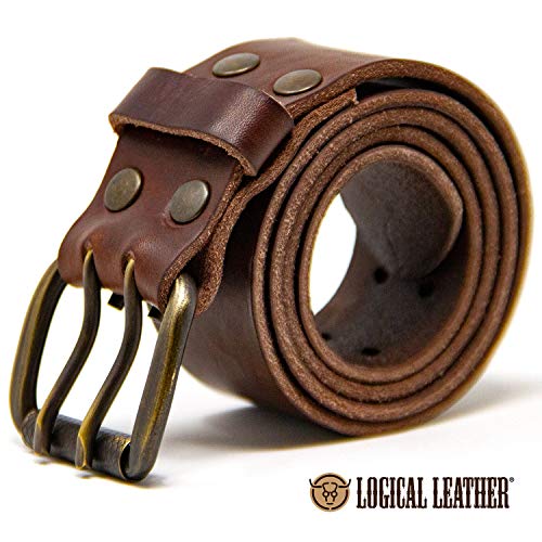 Logical Leather Men's Work Belt - Heavy Duty Genuine Full Grain Leather Double Prong Belts - Brown 38