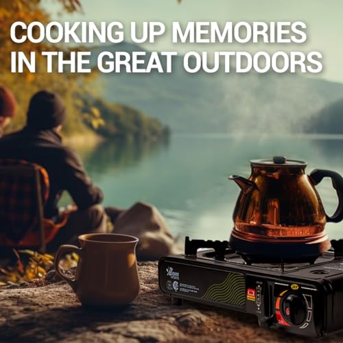 Jo Chef Butane Camping Stove with 7 Butane included - Portable Gas Stove Ideal for Camping/Road Trips, Outdoor camp Stove Includes Windshield, CSA Certified, Brass Burner Fast Heat Up Time