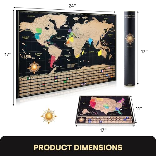 InnovativeMap Scratch Off World Map Poster And Deluxe United States Map – Includes Complete Accessories Set & All Country Flags – Premium Wall Art Gift for Travelers, Map of the World (Travel)