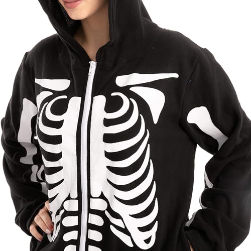 Spooktacular Creations Skeleton Costume, Unisex Adult Skeleton Pajamas, Plush Skeleton Hoodie Zippered Skeleton Jumpsuit, One Piece Halloween Costume Sleepwear for Cosplay Themed Parties (Large)