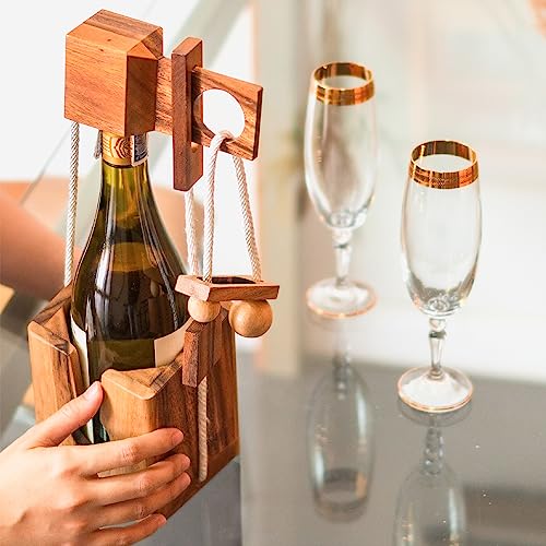 BSIRI Wine Bottle Puzzle - Challenging 3D Wooden Wine Bottle Holder and Wine Lock Puzzle Games for Adults. Functional Wine Storage, Ideal Wine Lover Gifts, Fun Gifts, Game Night and Rustic Room Decor