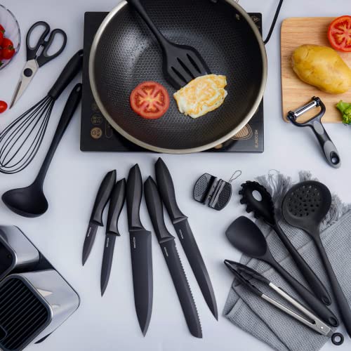 RAXCO Kitchen Utensils Set for Cooking-7 Cooking Utensils,6 Knife set Black,5 Utensil Sets,utensilios de cocina(18-in-1)