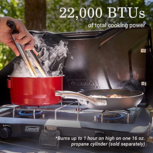 Coleman Triton+ Portable 2-Burner Propane Camping Stove, 22,000 Total BTUs, Wind Guards, Adjustable Burners, Instant Push-Button Ignition, Suitable for Backyard BBQs, Beach Cookouts, Tailgating