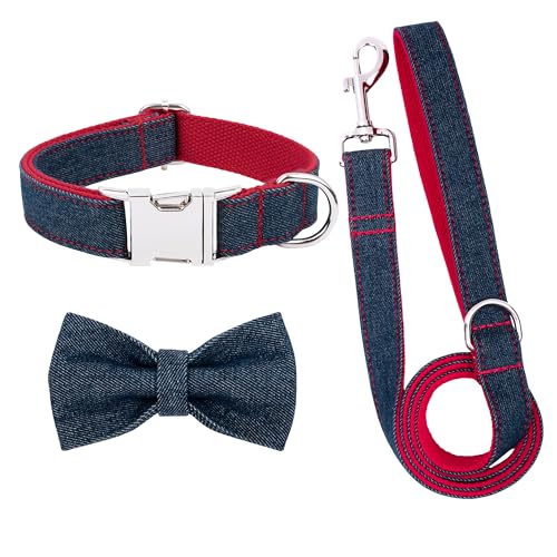 WUPUDUPU Personalized Custom Dog Collar with Pet Name/Phone Number/Address Engraved on Metal Buckle, Denim Style, Multiple Colors, Optional Matching Leash and Bowtie (A Red)