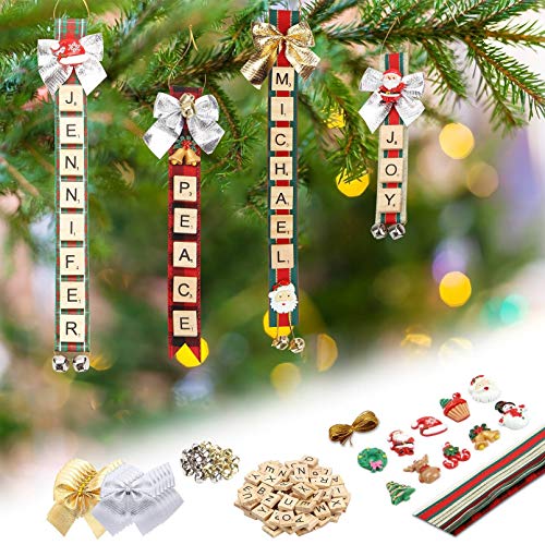 Christmas Ornaments Tree Decorations Personalized Crafts for Girls Adults Kids Kit DIY Ribbon Letter Tiles Bells Rustic Stockings Name Tags Hanging Xmas Decor for Gifts Wreath Room Holiday