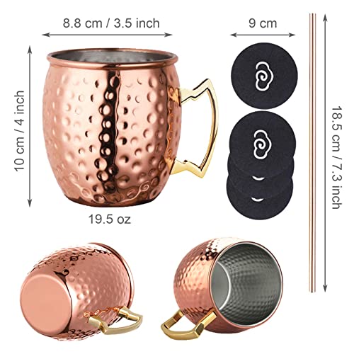 LIVEHITOP Moscow Mule Mugs Set of 4, Handcrafted Copper Cocktail Cups Kit 19.5 oz with Coasters for Cold Drink, Wine, Bar, Party, Hotel, Gift