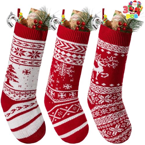 JOYIN 3 Pack 18” Knit Christmas Stockings, Reindeer/Christmas Tree/Snow Flakes Knitted Stocking Decorations for Holiday Tree Decor