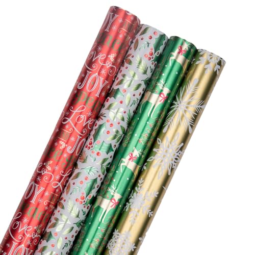 JAMPaper Assorted Gift Wrap - Christmas Foil Wrapping Paper - 100 Sq Ft Total - Elegant Merry Christmas Reindeer Set - 4 Rolls/Pack