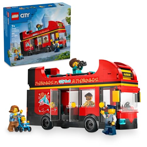 LEGO City Red Double-Decker Sightseeing Bus Toy Vehicle Set, Birthday Gift for 7 Year Olds, London Bus, for Kids, Double-Decker Bus Toy, 5 Characters Including a Baby and Stroller, 60407