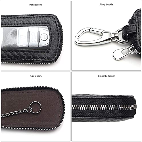 VSLIH Universal Vehicle Car Key case Genuine Leather Car Smart Key Chain Keychain Holder Metal Hook and Keyring Zipper Bag for Remote Key Fob