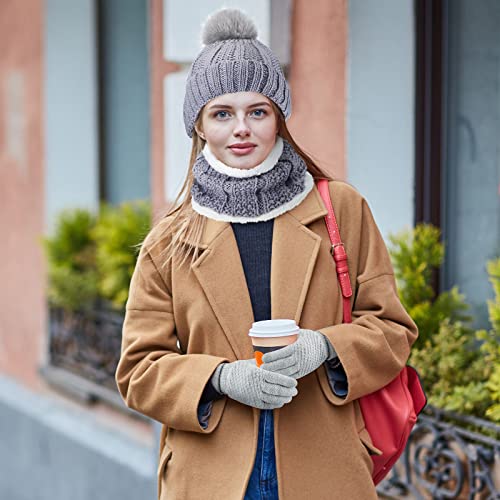 SATINIOR 5 Pcs Winter Hat Scarf Gloves Set Knit Beanie Pompom Hat Warm Touch Screen Gloves Earmuff Warmer Stocking for Women(Grey,Classic Style)