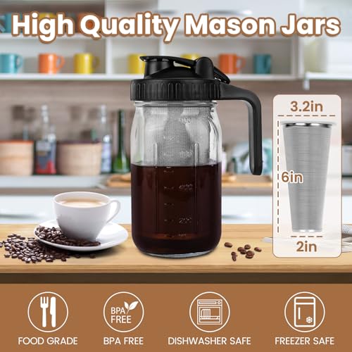 Cold Brew Coffee Maker, 32oz Cold Brew Pitcher with Stainless Steel Super Dense Filter, Durable Glass, BPA Free Sturdy Mason jar, for Iced Brew Coffee, Lemonade, Homemade Fruit Drinks Container