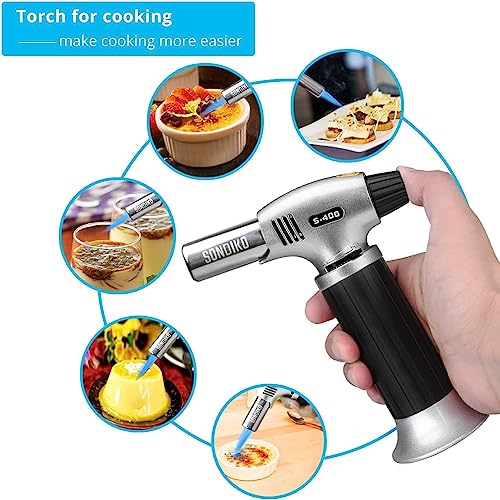 Sondiko Butane Torch Lighter S400 2 Pack, Refillable Kitchen Torch with Safety Lock and Adjustable Flame for Desserts, Creme Brulee, and Baking(Butane Gas Is Not Included)